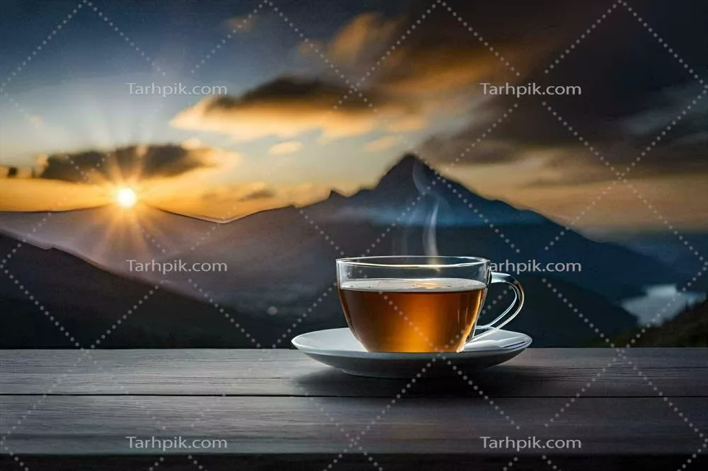 عکس یک فنجان چای بر روی میز چوبی با نمای کوهستانی زیبا