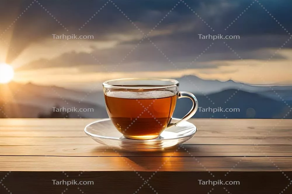 عکس یک فنجان چای داغ بر روی میز چوبی در دل کوهستان