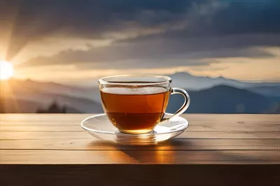 عکس یک فنجان چای داغ بر روی میز چوبی در دل کوهستان
