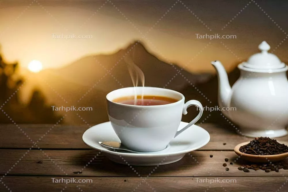 عکس یک فنجان قهوه و یک قوری روی میز چوبی - تصویر هنری و زیبا