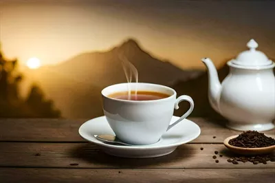 عکس یک فنجان قهوه و یک قوری روی میز چوبی - تصویر هنری و زیبا