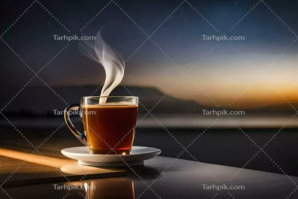 عکس یک فنجان قهوه بر روی میز با نمایی زیبا از اقیانوس