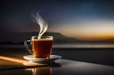 عکس یک فنجان قهوه بر روی میز با نمایی زیبا از اقیانوس