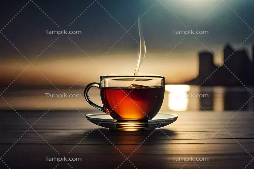 عکس یک فنجان چای روی میز با نمایی از شهر در پس زمینه - تصویرسازی هوش مصنوعی