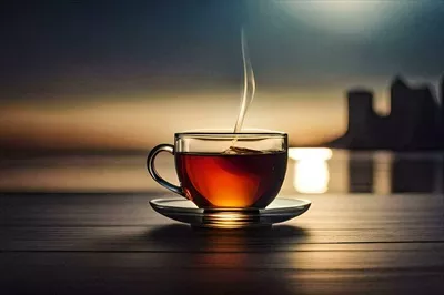 عکس یک فنجان چای روی میز با نمایی از شهر در پس زمینه - تصویرسازی هوش مصنوعی