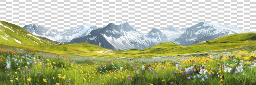 عکس دوربری منظره کوهستانی با دشت های گل دار در پس زمینه ای شفاف