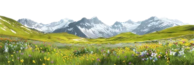 عکس دوربری منظره کوهستانی با دشت های گل دار در پس زمینه ای شفاف