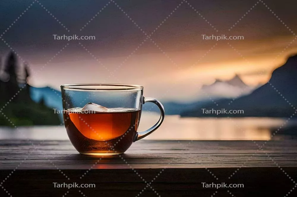 عکس یک فنجان چای بر روی میزی چوبی با نمایی از دریاچه