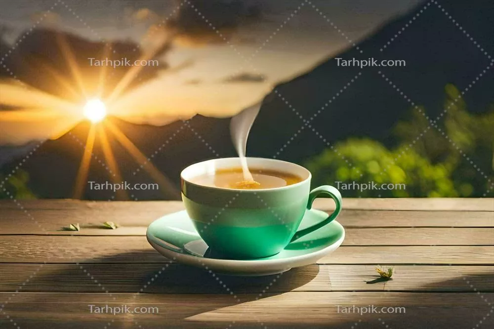 عکس یک فنجان چای داغ بر روی میز چوبی با طراحی هوش مصنوعی