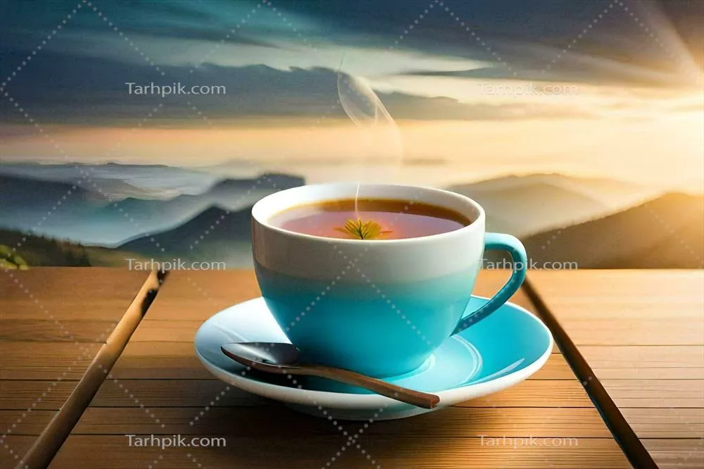 عکس یک فنجان چای بر روی میز چوبی با نمایی از کوهستان ها