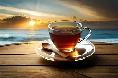 عکس یک فنجان چای روی میز چوبی در پس زمینه غروب آفتاب