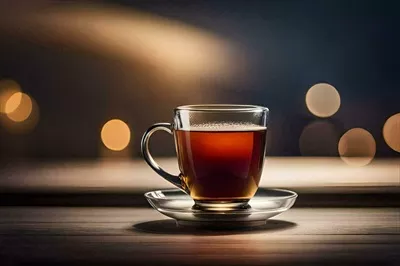 عکس یک فنجان چای داغ بر روی میز چوبی با نورهای بوکه زیبا