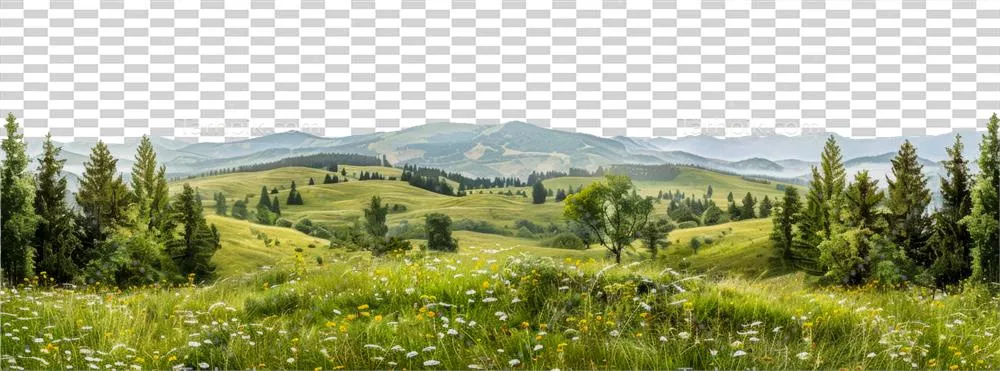 عکس دوربری منظره ای پانورامیک از دشت با درختان و تپه های زیبا