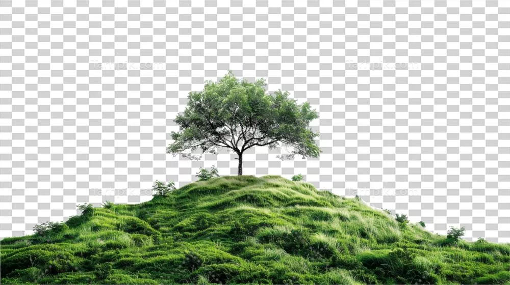 عکس دوربری درختی تنها بر روی تپه ای سبز و زیبا با پس زمینه شفاف