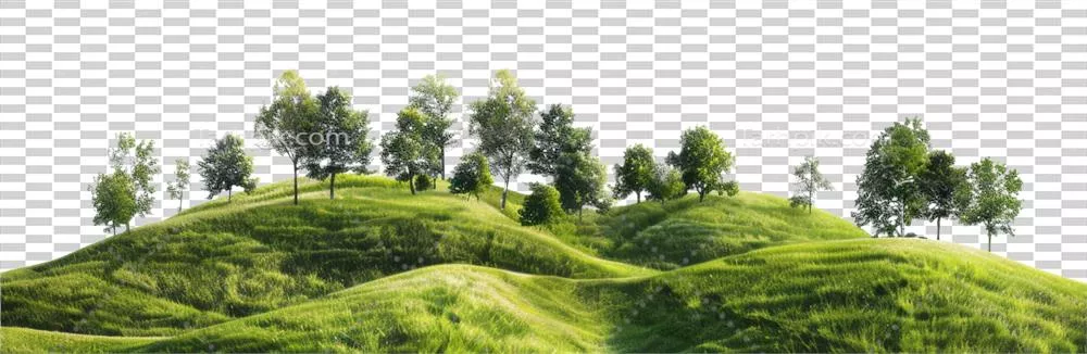 عکس دوربری تصویری از تپه های سبز و سرسبز با درختان در یک منظره آرام و دلنشین
