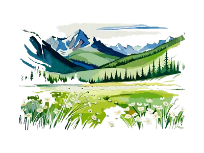 عکس دوربری منظره آبرنگی با کوه ها، گل های سفید و درختان زیبا