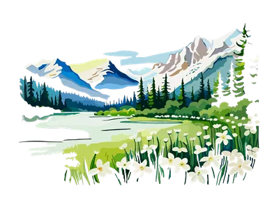 عکس دوربری منظره آبی رنگ با کوه ها، گل های سفید و درختان زیبا