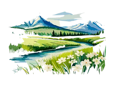 عکس دوربری منظره آبرنگی با کوه ها، گل های سفید و درختان زیبا