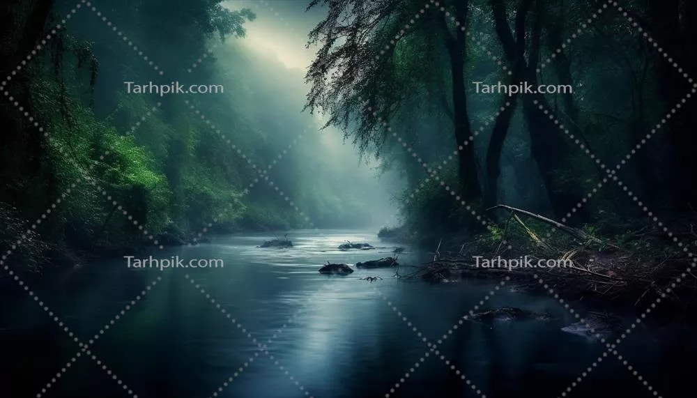 عکس منظره ای آرام و اسرارآمیز از جنگل با جویبار روان و زیبایی طبیعی