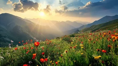 عکس دشت پر از گل های شکوفا در پس زمینه غروب آفتاب