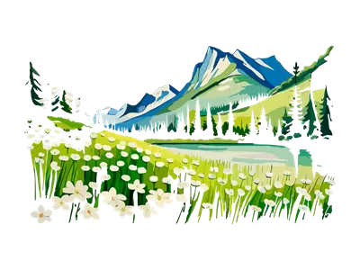 عکس دوربری منظره آبرنگی با کوه ها، گل های سفید و درختان زیبا