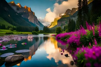 عکس مناظر کوهستانی با انعکاس در آب و گل های بنفش زیبا