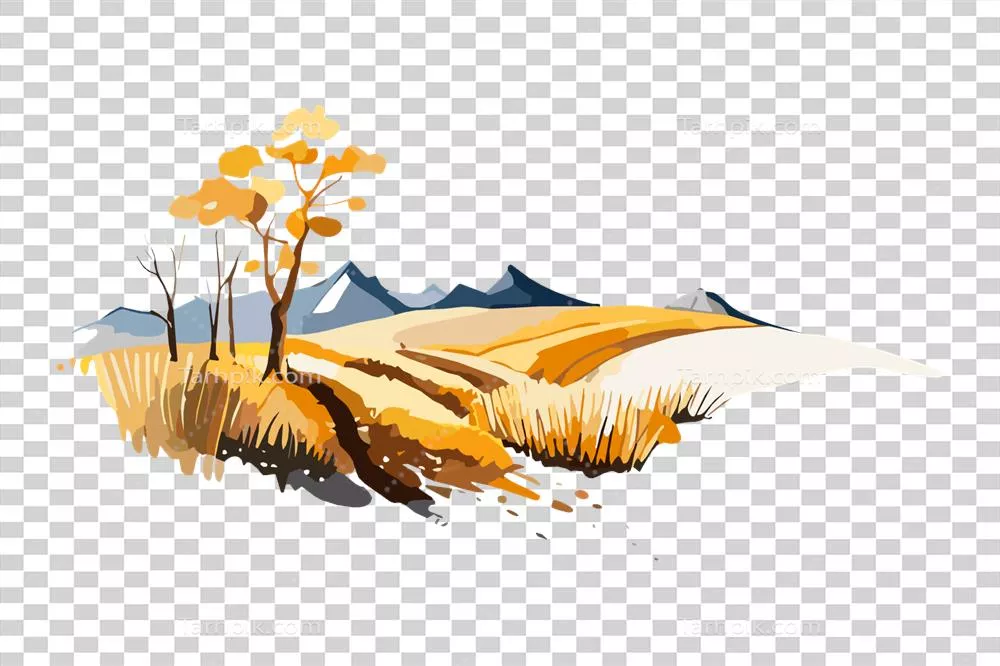 عکس دوربری تصویری زیبا از مزرعه طلایی با کشت های رنگ آمیزی شده در پس زمینه شفاف