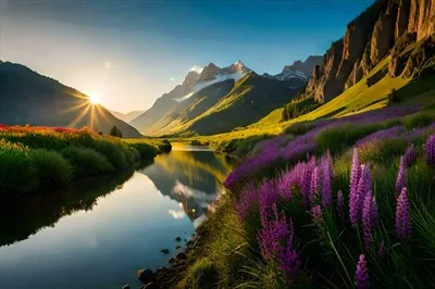 عکس تابش آفتاب بر روی رودخانه و گل های بنفش در یک تصویر زیبا