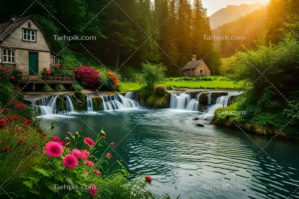 عکس آبشار زیبا و کلبه ای دلنشین در دل جنگل در غروب آفتاب