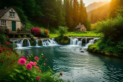 عکس آبشار زیبا و کلبه ای دلنشین در دل جنگل در غروب آفتاب