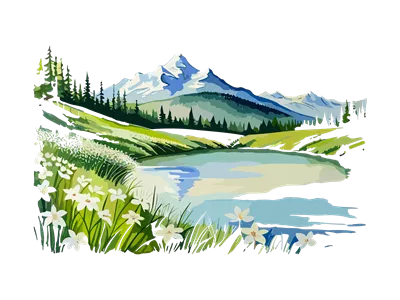 عکس دوربری منظره آبرنگی با کوه ها، گل های سفید و درختان زیبا