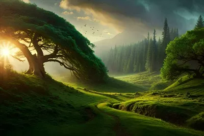عکس نور خورشید از میان درختان جنگل سبز می تابد و زیبایی طبیعت را به نمایش می گذارد