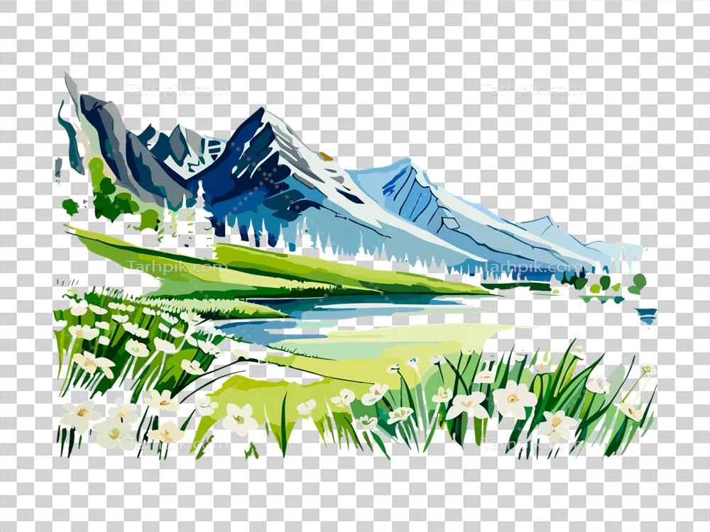 عکس دوربری منظره آبرنگی با کوه ها، گل های سفید و درختان زیبا