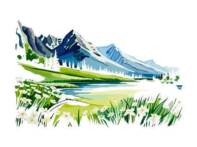عکس دوربری منظره آبرنگی با کوه ها، گل های سفید و درختان زیبا