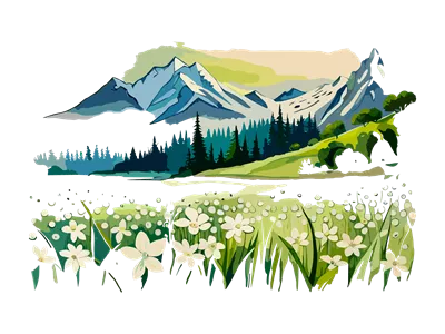 عکس دوربری منظره آبرنگی با کوه ها، گل های سفید و درختان زیبا