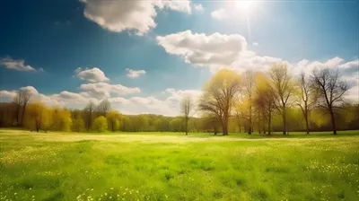 عکس منظره بهاری با چمن های مرتب و درختان سرسبز در دل طبیعت
