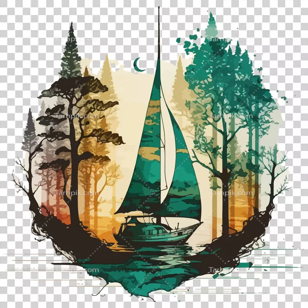عکس دوربری نقاشی آبرنگی زیبا از یک قایق بادبانی در دریا