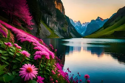 عکس گل های زیبا در کوهستان در حال شکوفایی در غروب آفتاب