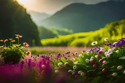 عکس تصویری زیبا از آسمان، کوه ها و گل ها در یک روز آفتابی