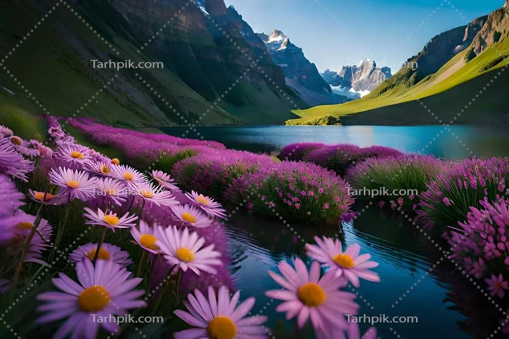 عکس گل های زیبا در کوهستان، آب زلال و آسمان آبی در یک تصویر شگفت انگیز
