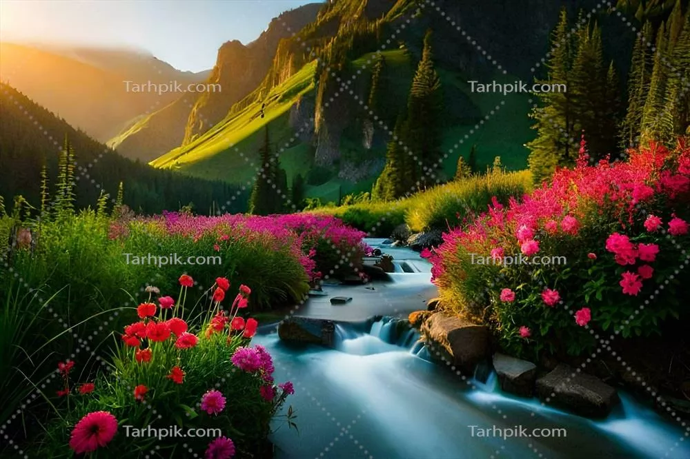 عکس تصویری زیبا از گل ها و جویبار کوهستانی در زیر نور آفتاب
