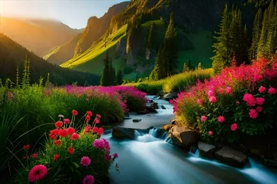 عکس تصویری زیبا از گل ها و جویبار کوهستانی در زیر نور آفتاب