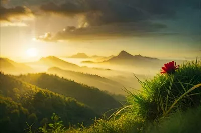 عکس طلوع آفتاب بر فراز کوه ها و شکوفه ای قرمز بر روی چمن