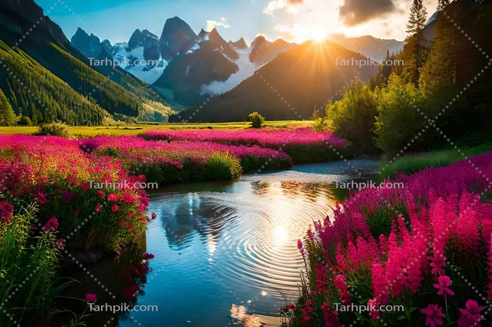 عکس نور خورشید بر روی گل های صورتی در کوهستان ها می تابد