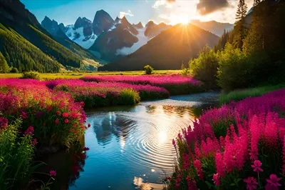 عکس نور خورشید بر روی گل های صورتی در کوهستان ها می تابد