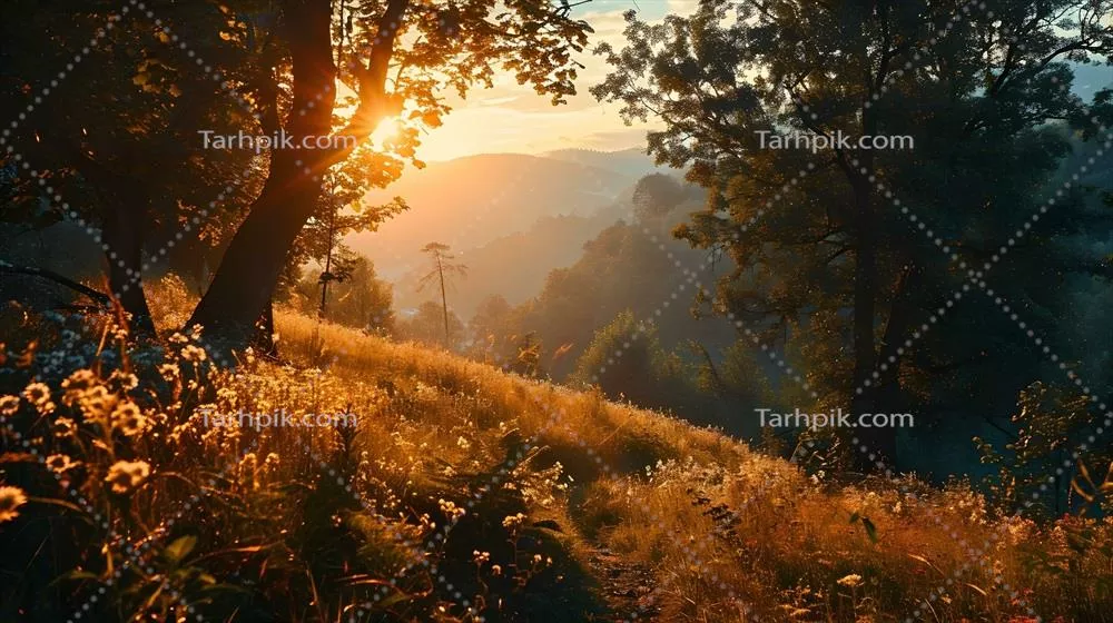 عکس مسیر طلایی در دشت با نور خورشید در افق، نمایی دلنشین و آرامش بخش