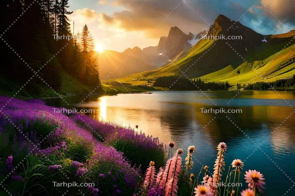 عکس تابش آفتاب بر دریاچه و گل های بنفش در یک تصویر زیبا