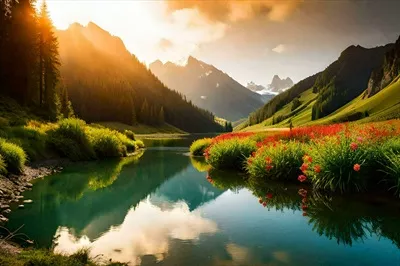 عکس تابش آفتاب بر دریاچه کوهستانی و گل های زیبا در دل طبیعت
