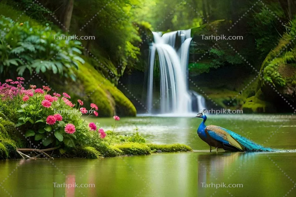 عکس تصویری زیبا از آبشار با گل ها و طاووس در دل طبیعت