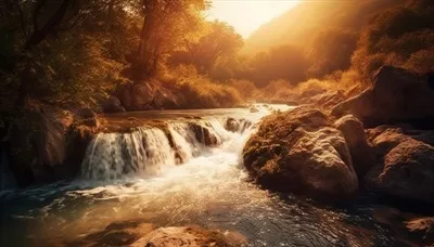 عکس منظره ای آرام از آب روان و سرسبزی طبیعی که با هوش مصنوعی ایجاد شده است